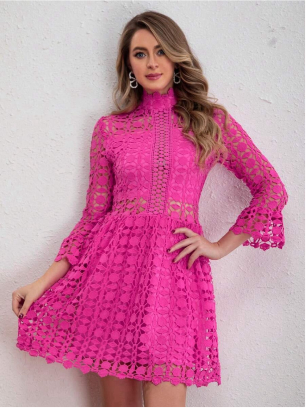 Eilly Bazar Women's Elegant Stand Collar Lace Hollow-Out Hot Pink Dress - Picture 11 of 12